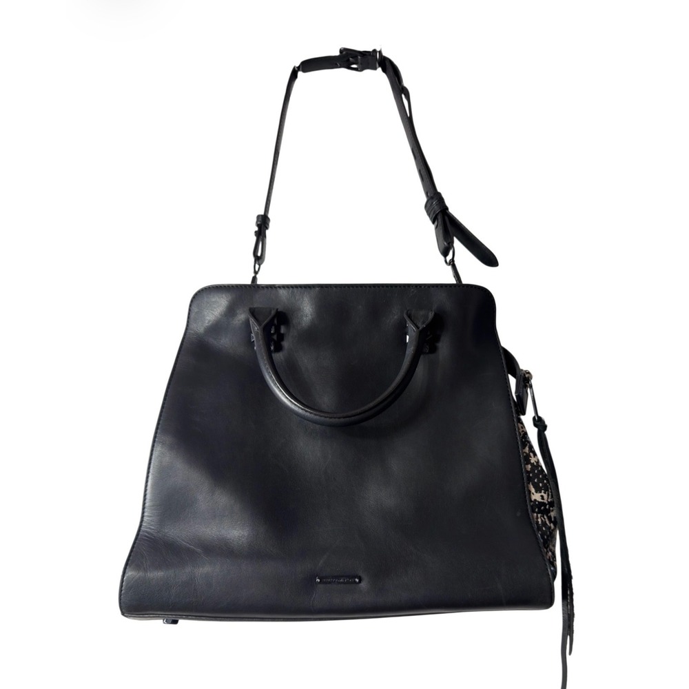 Rebecca Minkoff Black Leather MAB Tote Bag Snakeskin Calf Hair Gusset Satchel - Picture 6 of 10